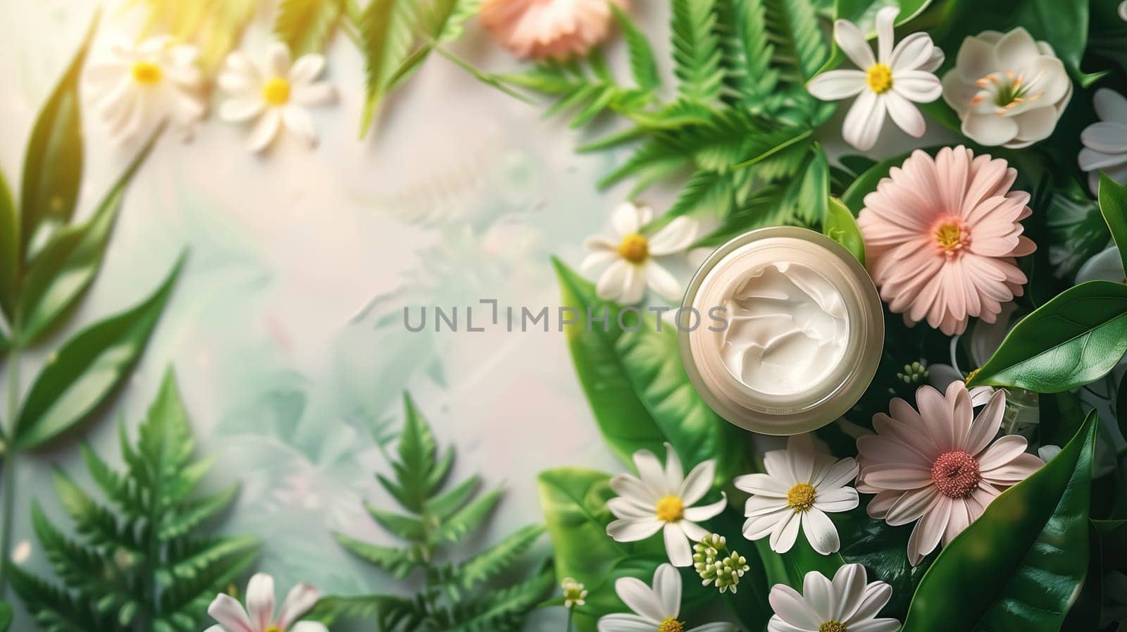A bottle of cream is perched on top of a vibrant green plant, standing out against the natural backdrop. The creamy bottle contrasts with the green foliage, creating a simple yet striking visual.