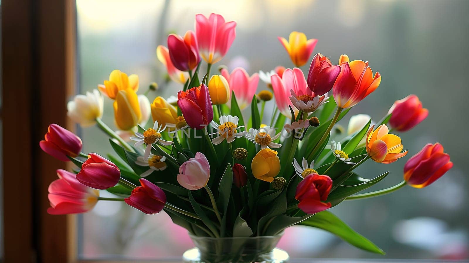 The image shows a vase brimming with a variety of vibrant and colorful flowers, creating a lively and dynamic display of natures beauty. The flowers appear to be freshly picked and arranged in the vase, creating a cheerful and visually striking centerpiece.