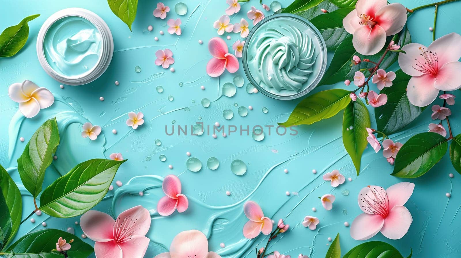 A blue background adorned with delicate pink flowers and vibrant green leaves. The flowers stand out against the blue backdrop, adding a pop of color to the scene.