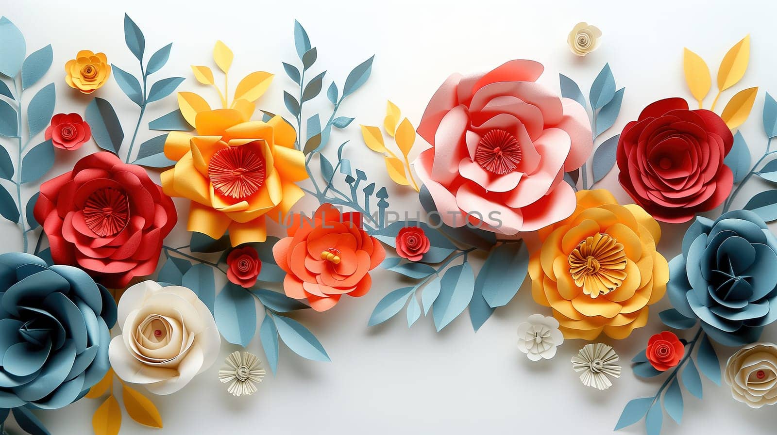 A collection of paper flowers are meticulously arranged on a clean, white surface. Each flower is carefully placed, creating a visually pleasing display.