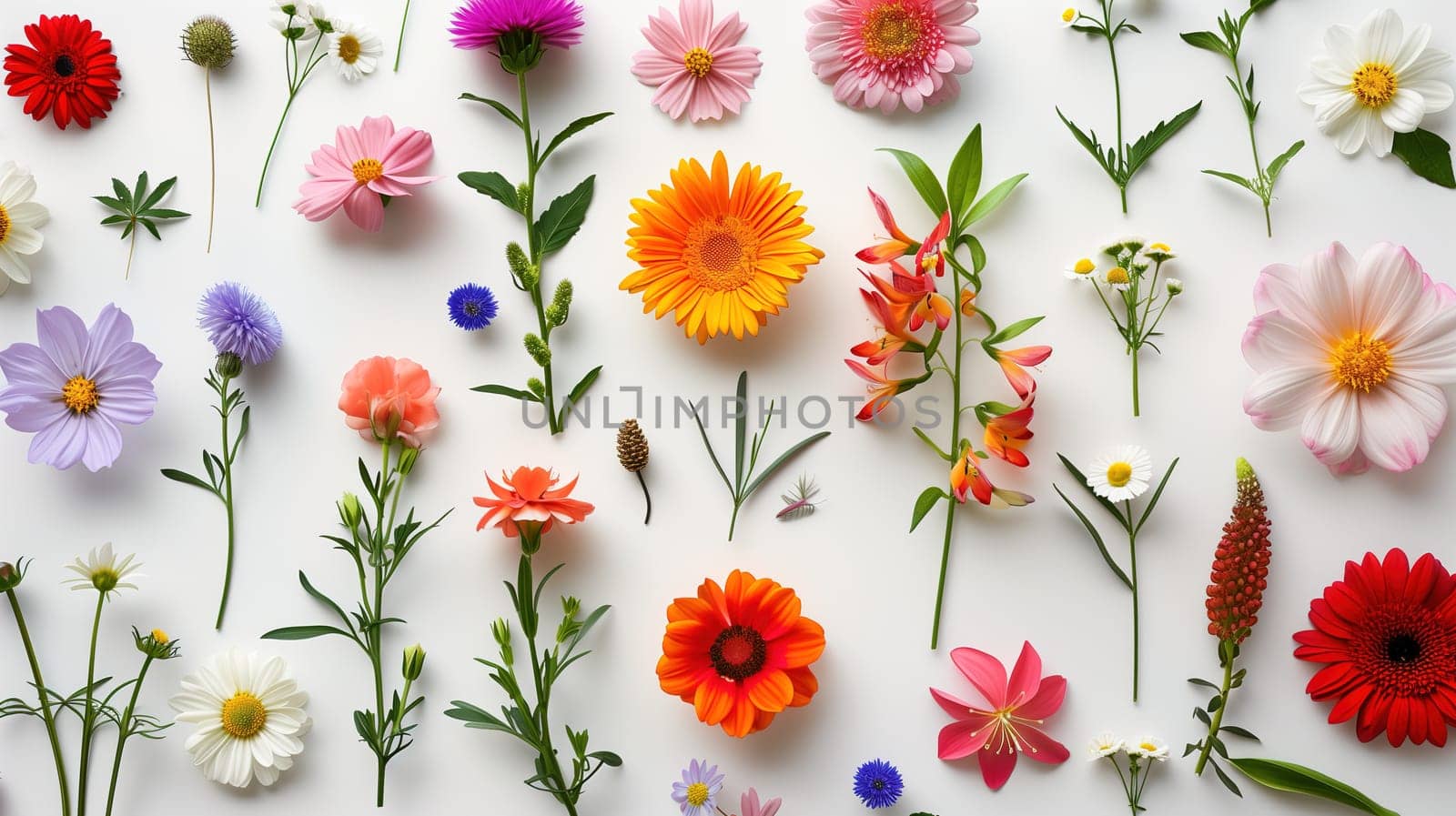 A collection of various vibrant colored flowers spread out on a clean white surface, creating a colorful and lively display. Each flower is unique in color and shape, adding diversity to the composition.