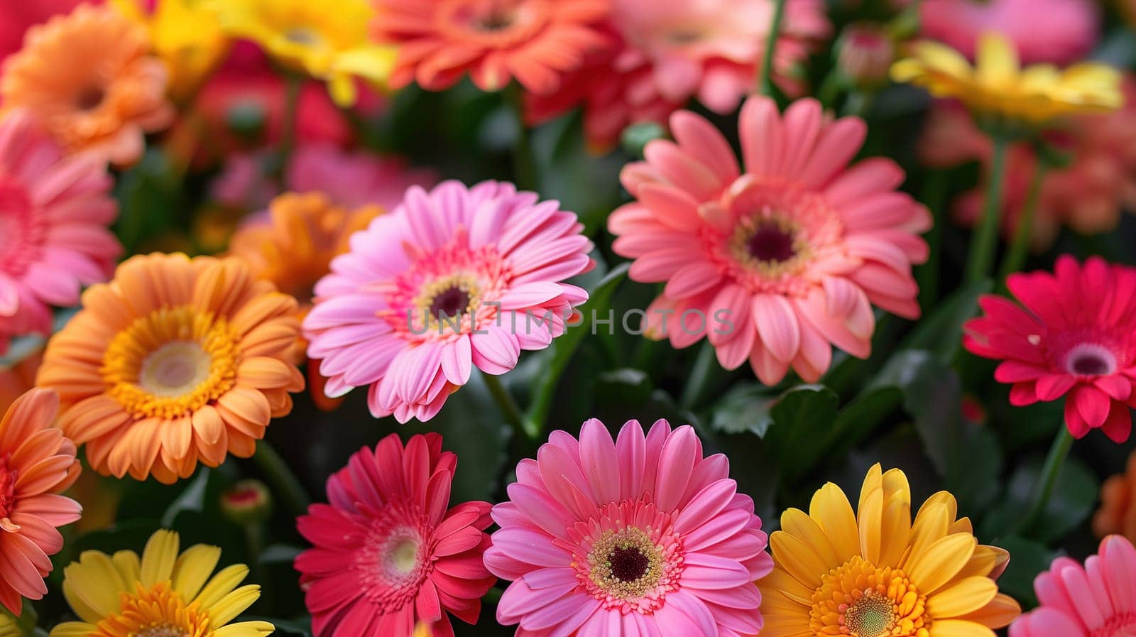 A close-up view of a bunch of multi-colored flowers, showcasing their vivid petals, intricate details, and varied shapes. The flowers are tightly clustered together, creating a burst of color and beauty in the frame.