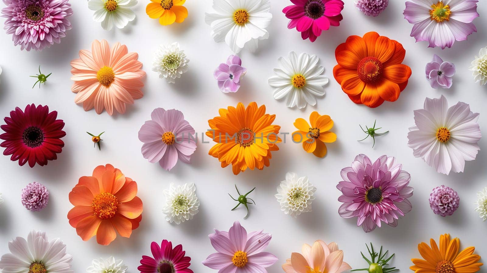 A variety of different colored flowers spread out on a white surface, creating a vibrant and colorful display. The flowers are in full bloom, showcasing their unique shapes and hues.