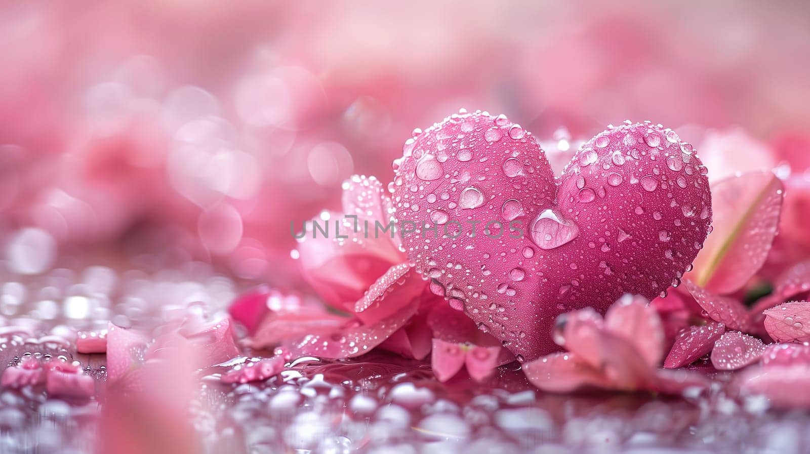 A close-up of a pink heart ornament adorned with water droplets, surrounded by delicate petals, set up as part of the decor for an International Mothers Day concert celebration, highlighting the theme of love and appreciation.