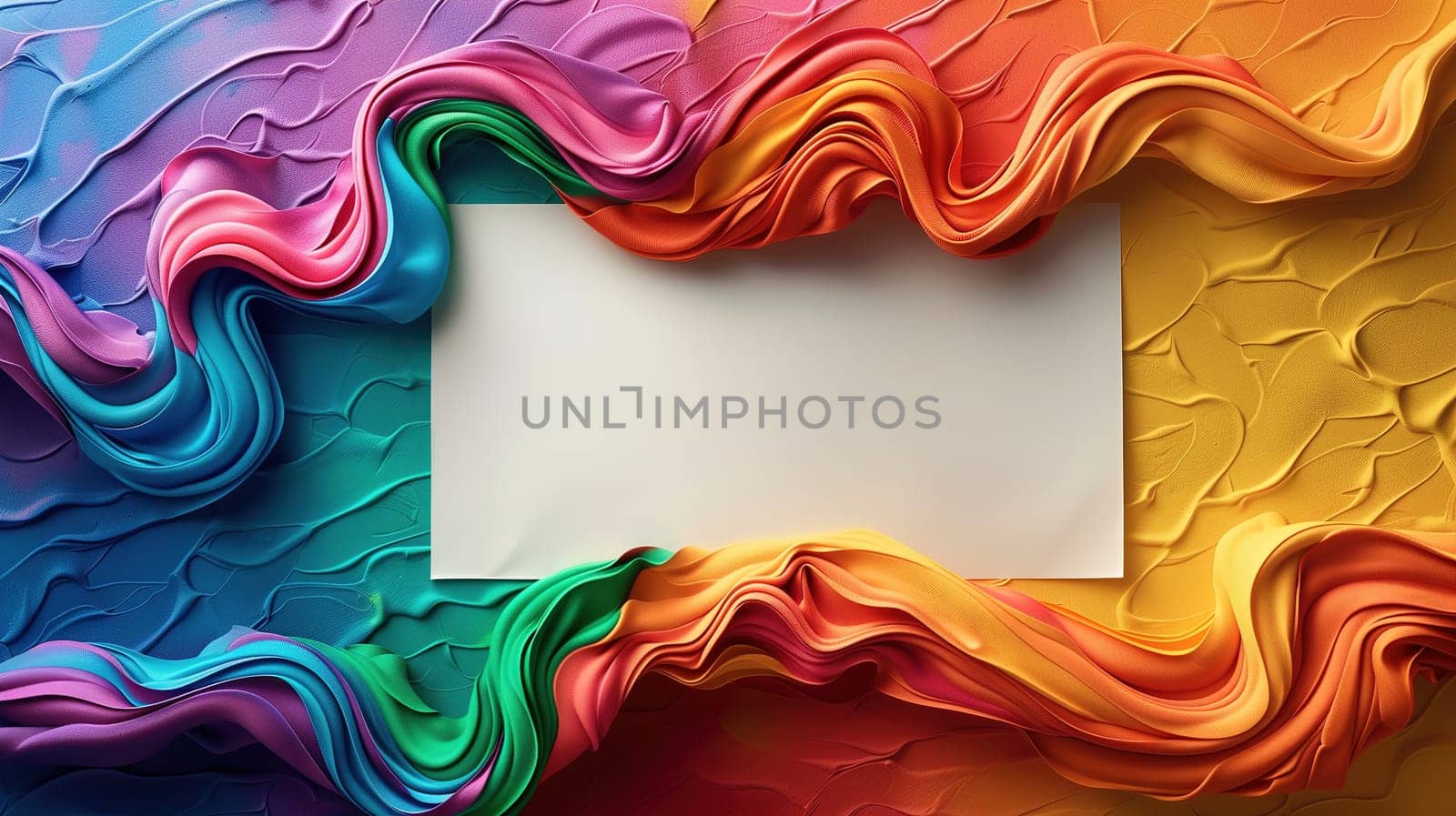Vibrant, wavy textures in the colors of the rainbow create a dynamic frame around a central blank space, symbolizing inclusivity and diversity associated with LGBT pride.