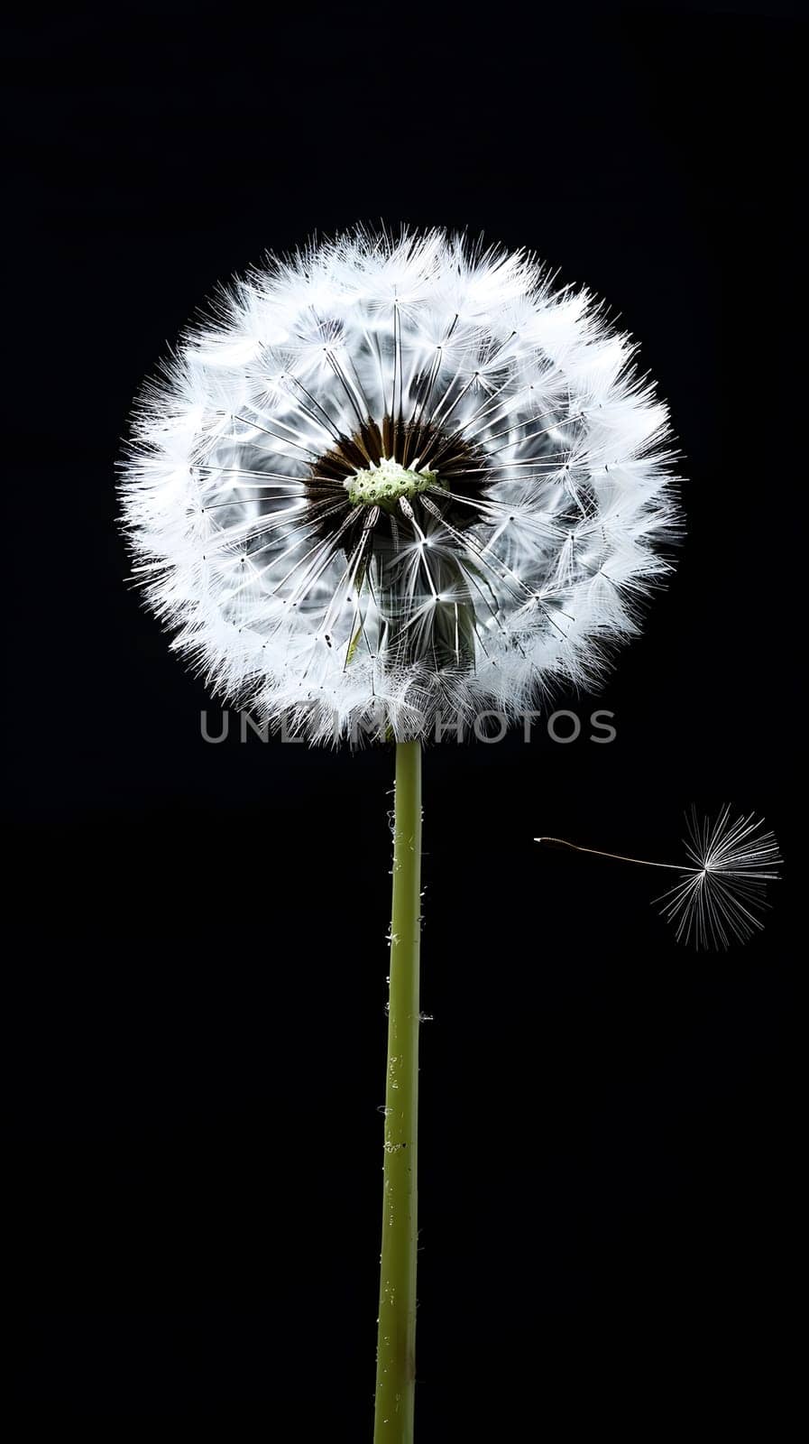 Dandelion seeds swirling under midnight sky, against black backdrop by Nadtochiy