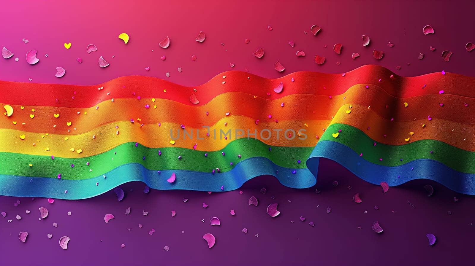 A strikingly colorful rainbow flag ripples softly, embodying LGBTQ pride on a rich purple backdrop. Small droplets and confetti-like specks adorn the flag and surface, enhancing the celebratory mood symbolizing diversity and inclusion.