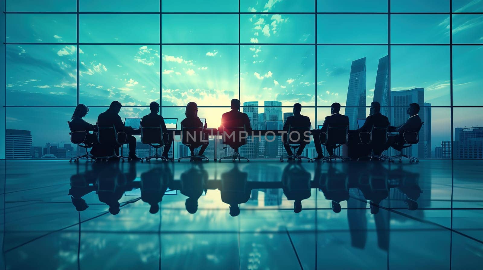 Silhouetted Business Professionals in a Meeting Overlooking City Skyline at Dusk by TRMK