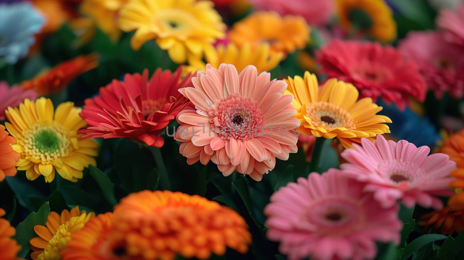 A close-up view of a cluster of various colorful flowers, showcasing their vivid hues and intricate details. The flowers are tightly packed together, creating a burst of colors that are visually appealing.