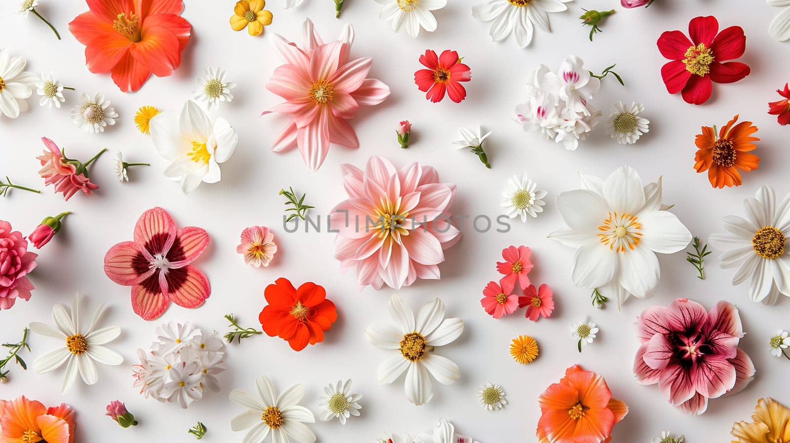 A variety of different colored flowers are spread out on a clean white surface. The flowers are vibrant and create a colorful display against the neutral backdrop.