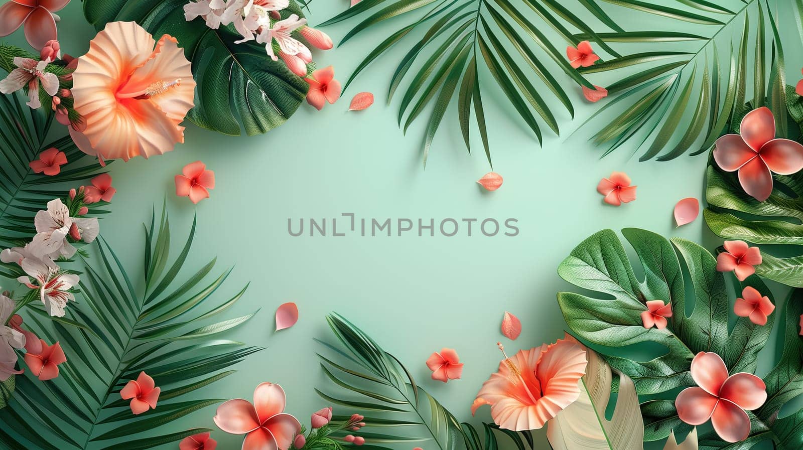 Lush green foliage fills the background, adorned with vibrant flowers and delicate leaves. The flowers bloom in various colors, adding a pop of brightness to the scene.