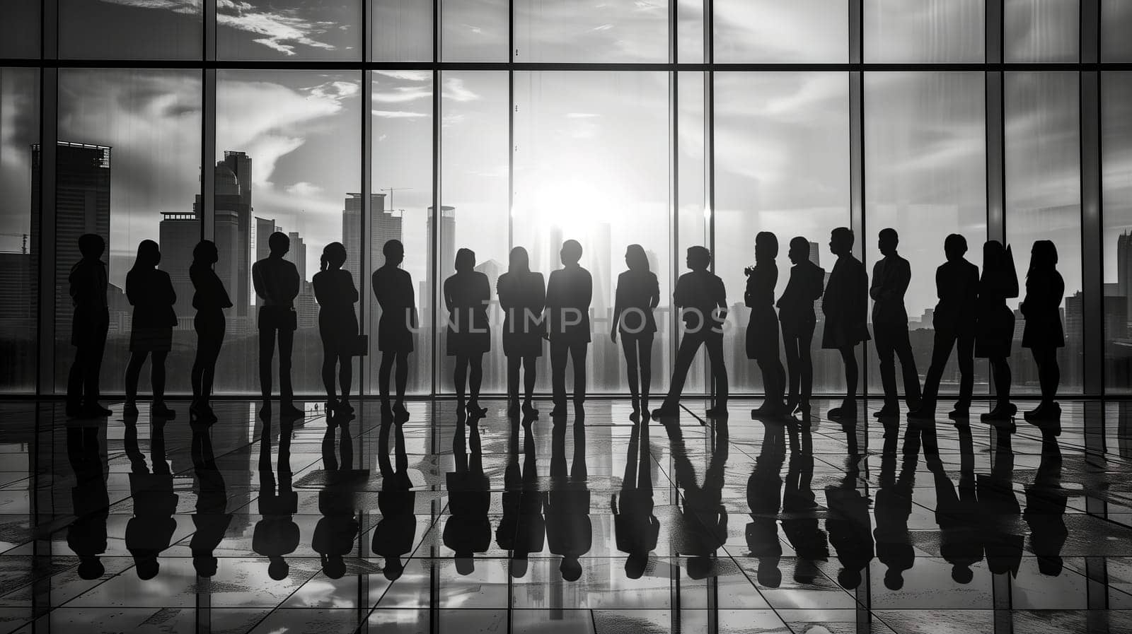 A diverse group of individuals are standing together in front of a large window, looking outwards. They appear engaged and focused, possibly discussing a business concept or enjoying the view.