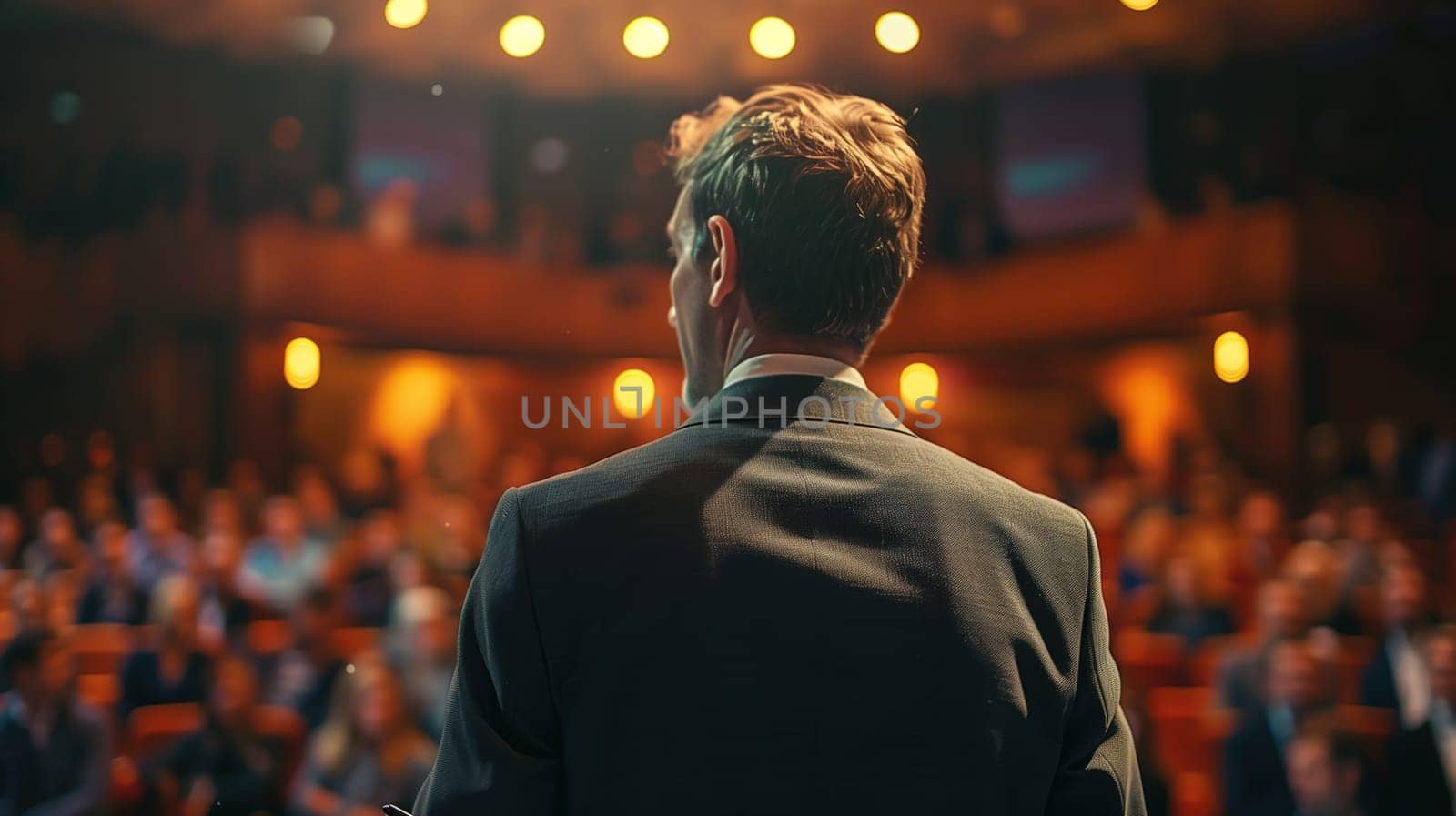 A well-dressed businessman stands with his back to the camera, addressing an attentive audience in a large conference hall. He appears confident and poised as he presents his keynote, engaging with the diverse group of professionals gathered for the event.