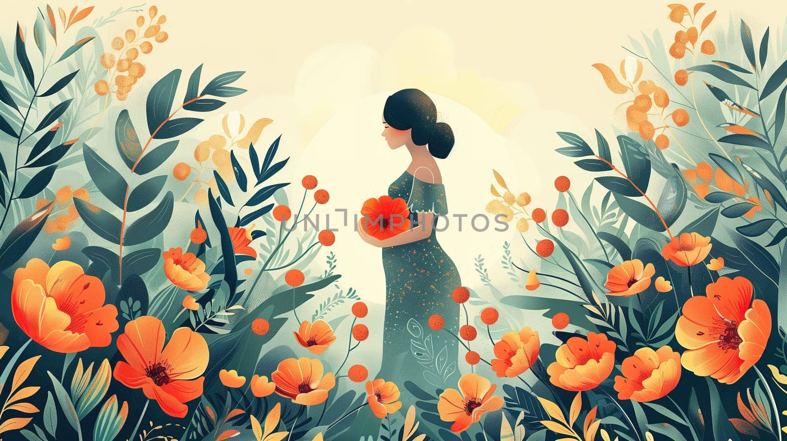 A painting depicting a woman standing in the midst of a vibrant field of flowers. She is the central focus, surrounded by a variety of colorful blooms under a bright sky.