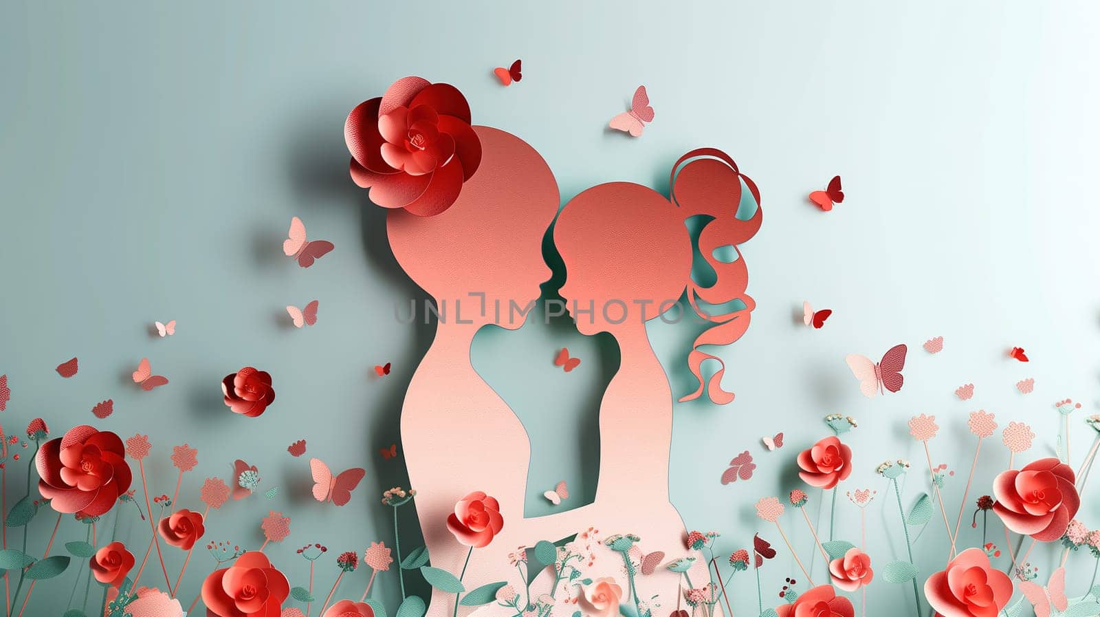 A paper cut showing a couple kissing passionately in a lush field of colorful flowers. The intricate design captures the intimacy and beauty of the moment.