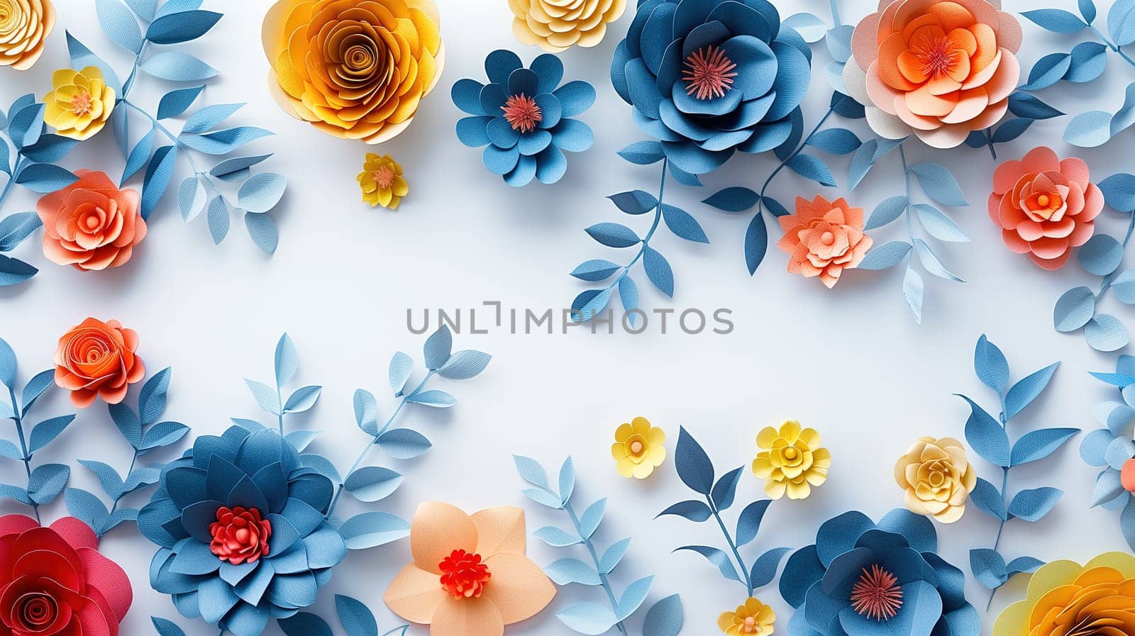 Multiple paper flowers of various colors and sizes are neatly arranged on a clean white surface, creating a vibrant and decorative display.
