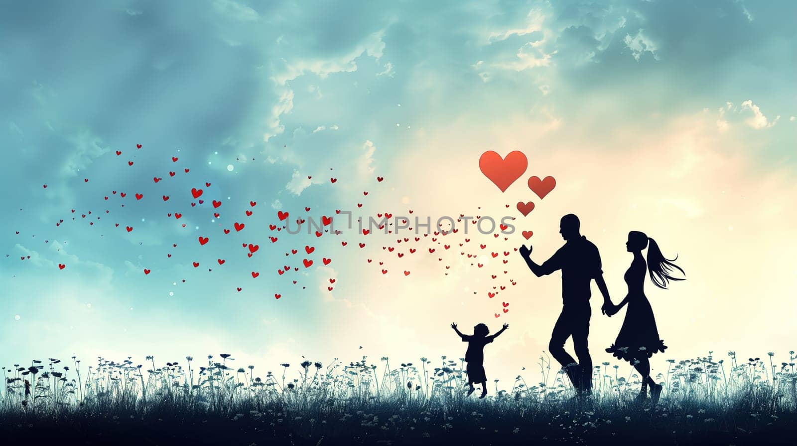 A silhouette of a man and a woman holding hands, surrounded by flying hearts. This image captures the essence of love and unity between two people on a special occasion.