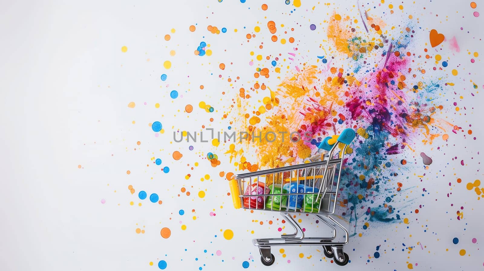 A shopping cart covered in vibrant splashes of paint. The paint splatters create a striking visual contrast against the metal surface of the cart. This image conveys a sense of creativity and individuality.