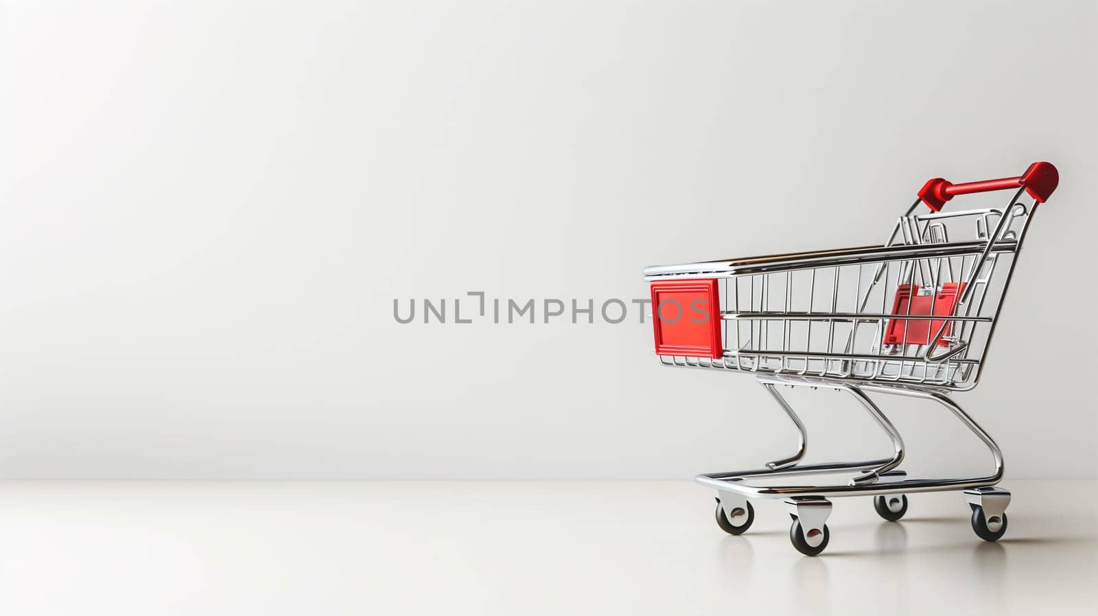 A small shopping cart with a red handle is shown against a plain background. The cart is empty, ready to be used for shopping. The red handle stands out prominently against the metal of the cart.
