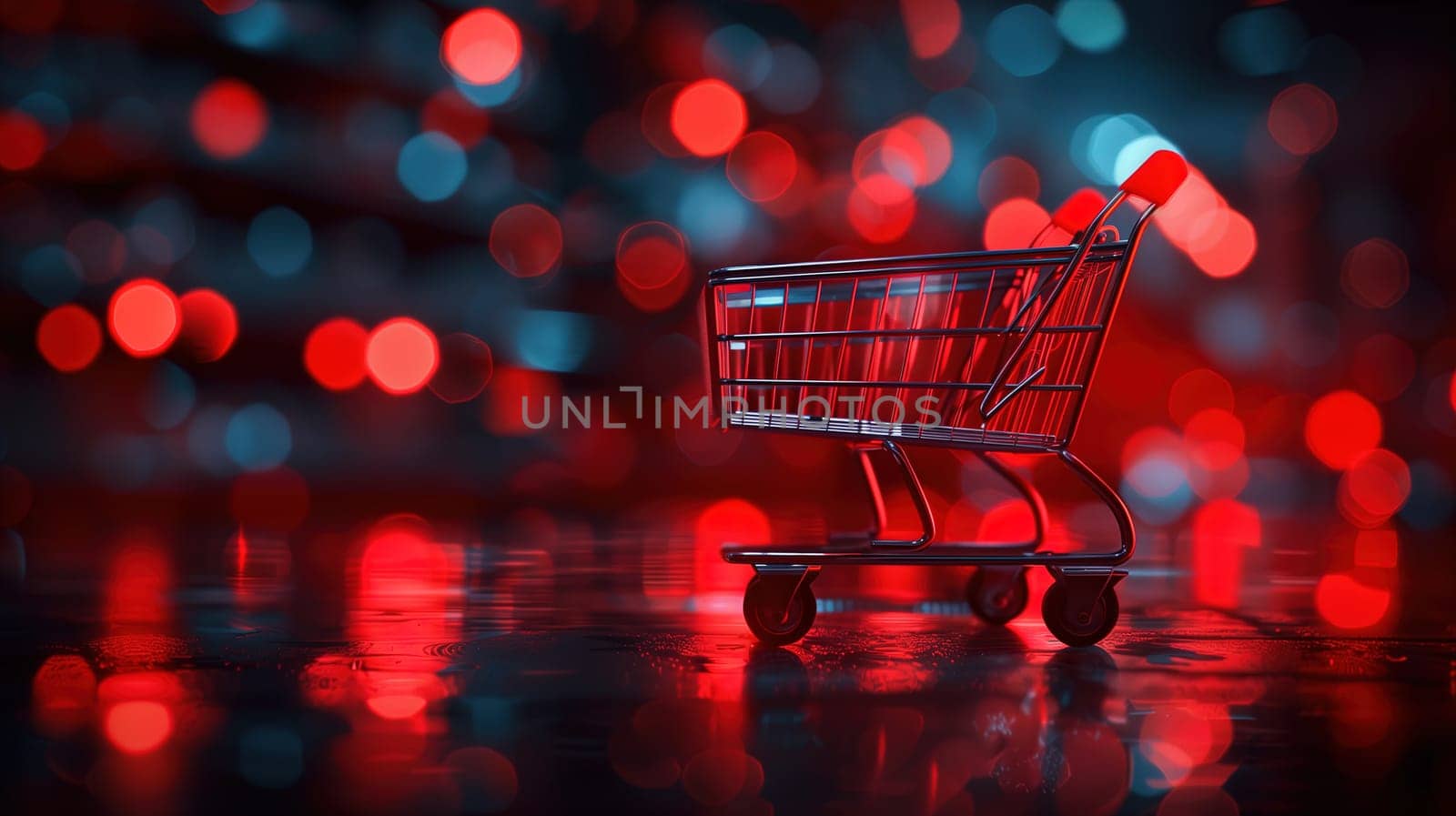 A red shopping cart is seen placed on the floor, symbolizing a sale or Black Friday concept. The cart is empty, waiting to be filled with items.