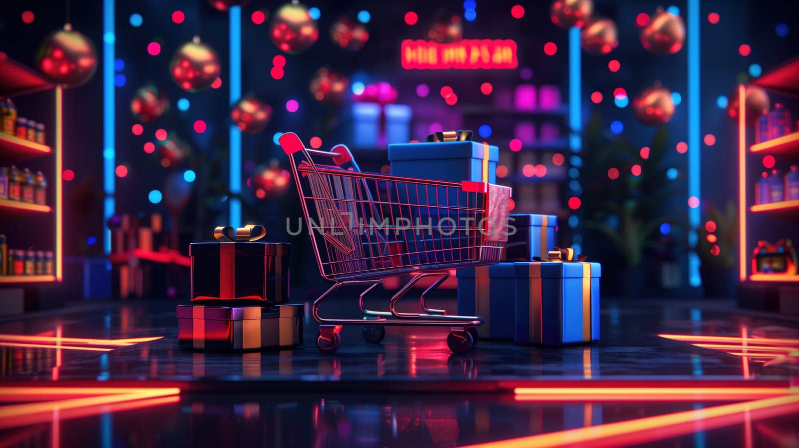 A shopping cart sits in a store, brimming with colorful presents ready for purchase. The shopping cart is filled to the brim with gifts of various sizes and shapes, suggesting a festive and joyful atmosphere.