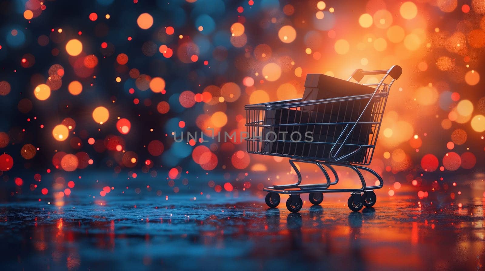 A black shopping cart is seen resting on a wet surface, possibly after a rain shower. The metal cart contrasts against the shiny wet ground, creating a simple yet striking image.