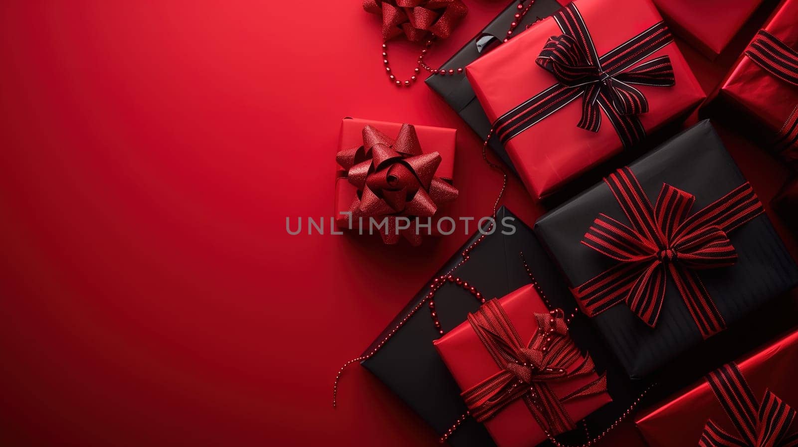 Several wrapped presents are neatly arranged on top of a vibrant red table. The presents appear ready for a special occasion, possibly as part of a sale or Black Friday promotion.