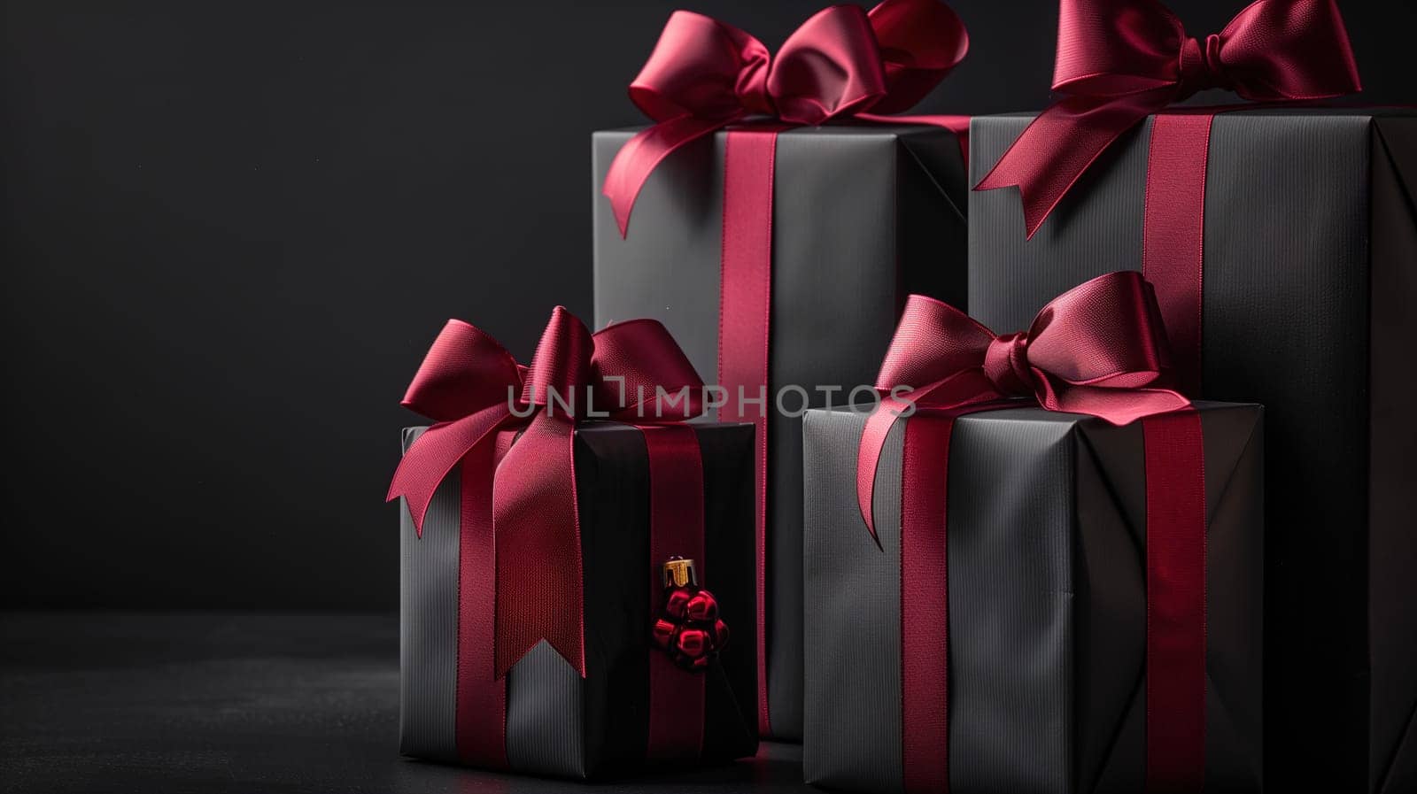 Three presents, wrapped in black and red paper and topped with red bows, are displayed in a neat row. The gifts are ready for a sale or special occasion like Black Friday.