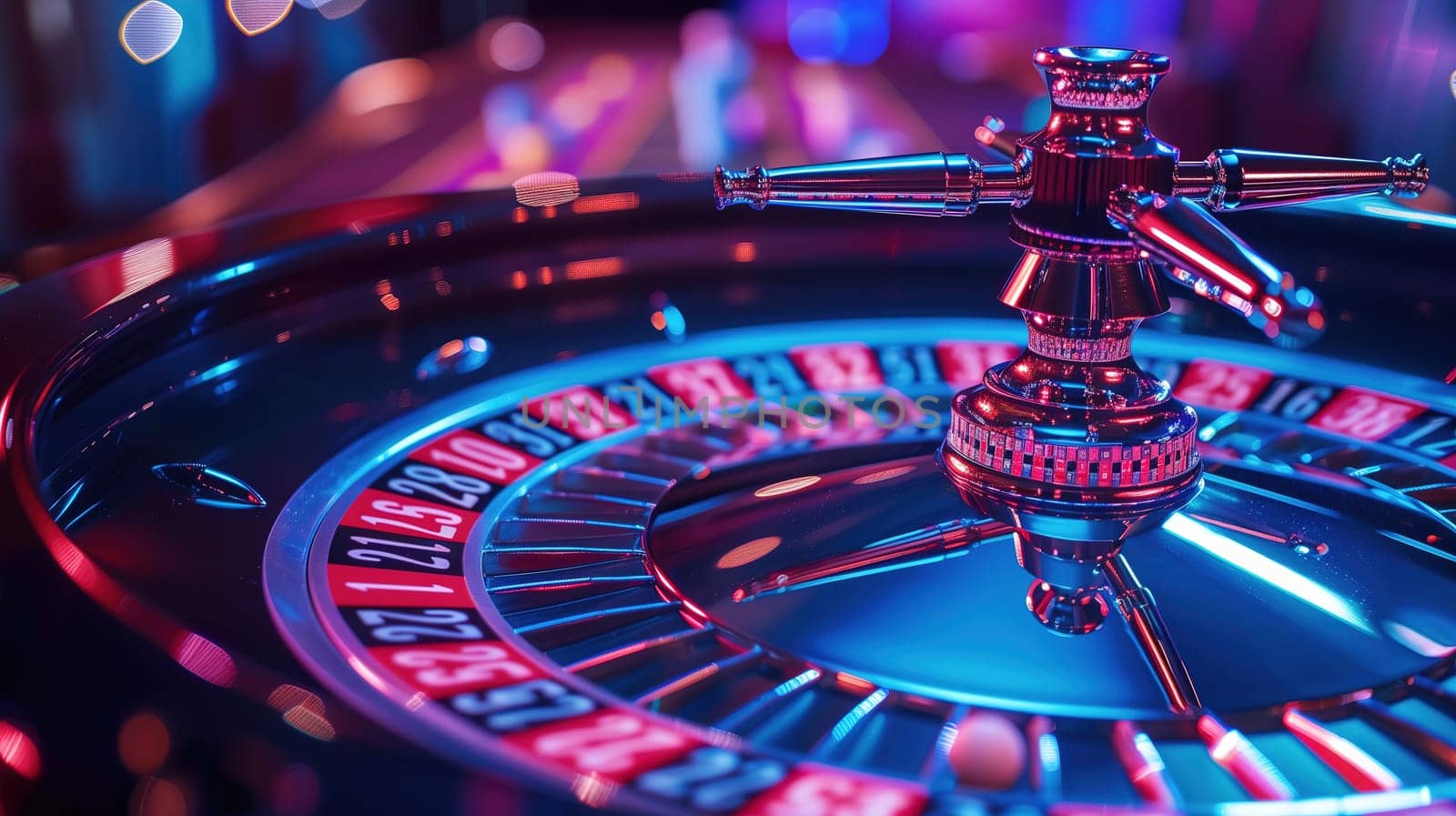 A close-up view of a brightly illuminated roulette wheel, capturing the essence of a gambling environment at a casino. The vibrant lights reflect off the polished surfaces and create an atmosphere of excitement and chance as the wheel awaits the next spin.