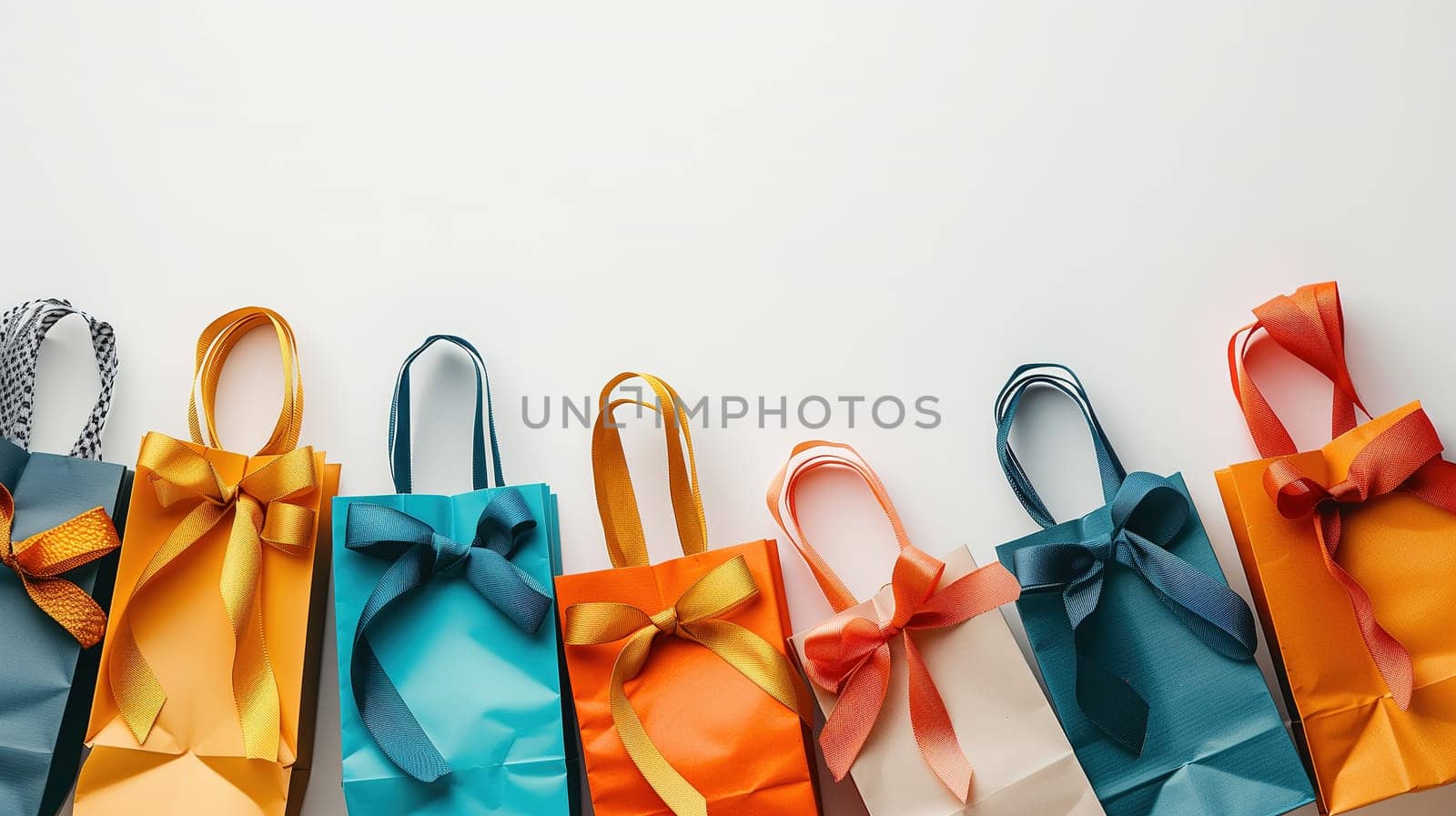 A row of vibrant bags with bows displayed at a sale event, illustrating the concept of a Black Friday sale. Each bag is uniquely colored and adorned with a bow, ready for shoppers to purchase.
