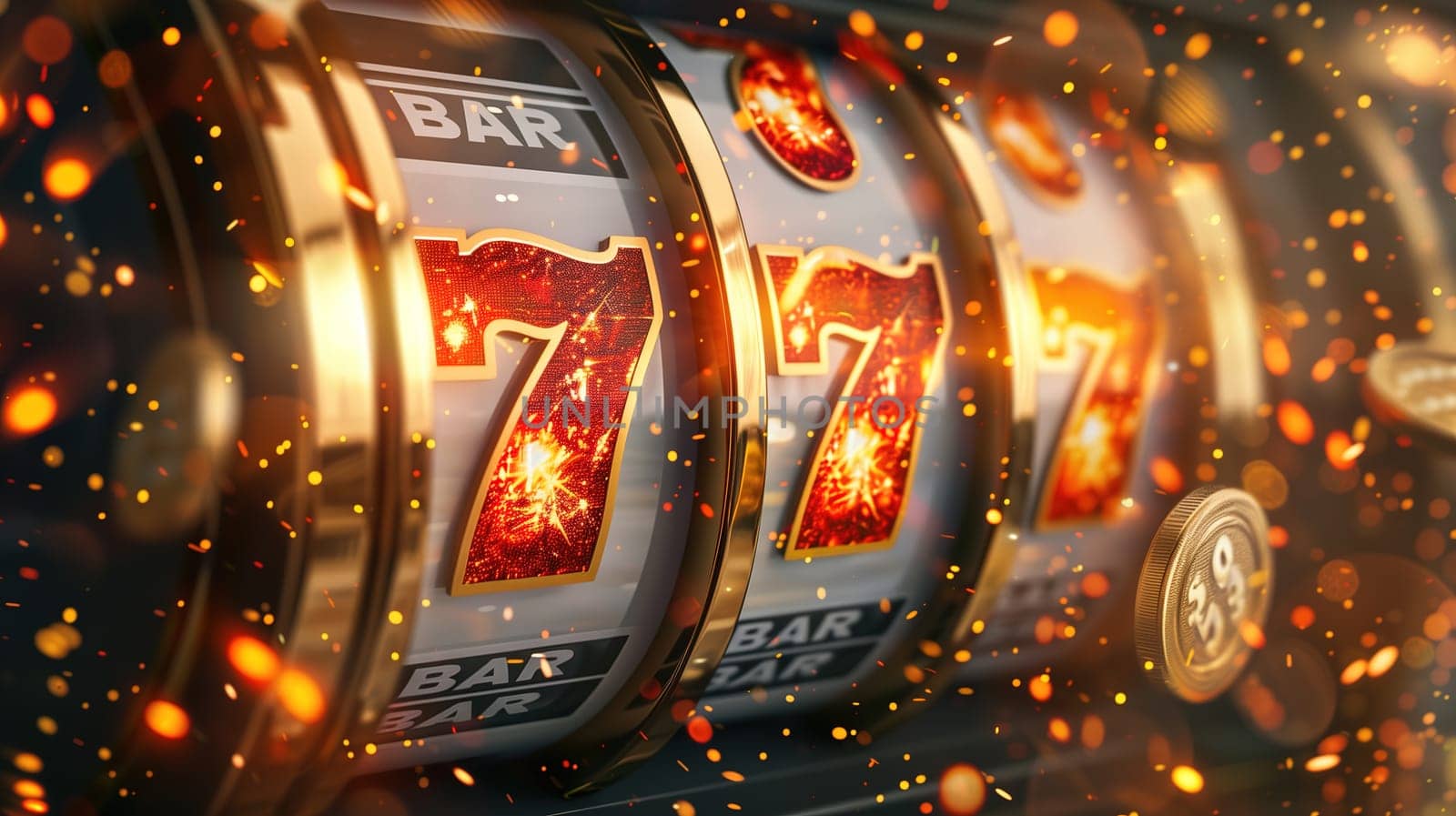 Close-Up View of a Slot Machine Display Showing Lucky Sevens at a Casino by TRMK