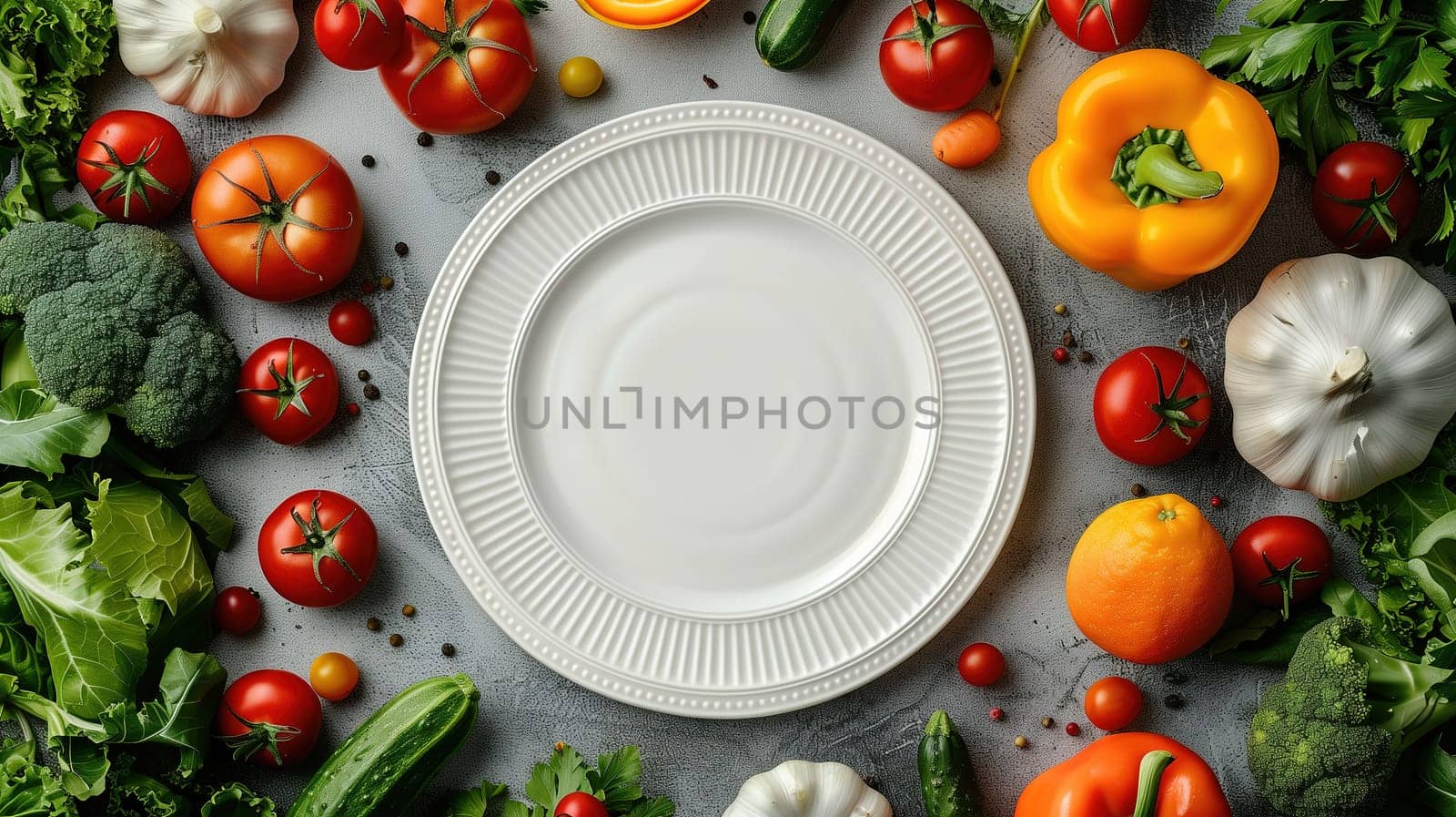 A white plate sits in the center of the image, filled with an assortment of fresh vegetables such as tomatoes, lettuce, carrots, bell peppers, onions, and cucumbers. The colorful display showcases a variety of textures and shapes, creating a vibrant and appetizing scene.