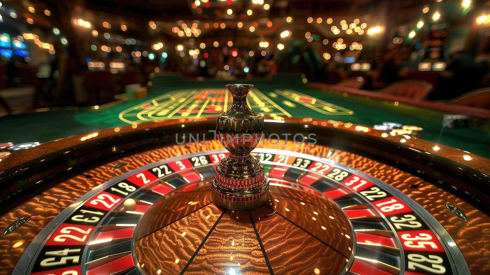 A close-up shot captures the spinning roulette wheel, a centerpiece in the vibrant buzz of a casino. Focused on the rich, red and black numbered slots and the blur of the silver ball in motion, the backdrop is a bokeh of colorful ambient casino lights, adding to the excitement and anticipation of the games outcome.