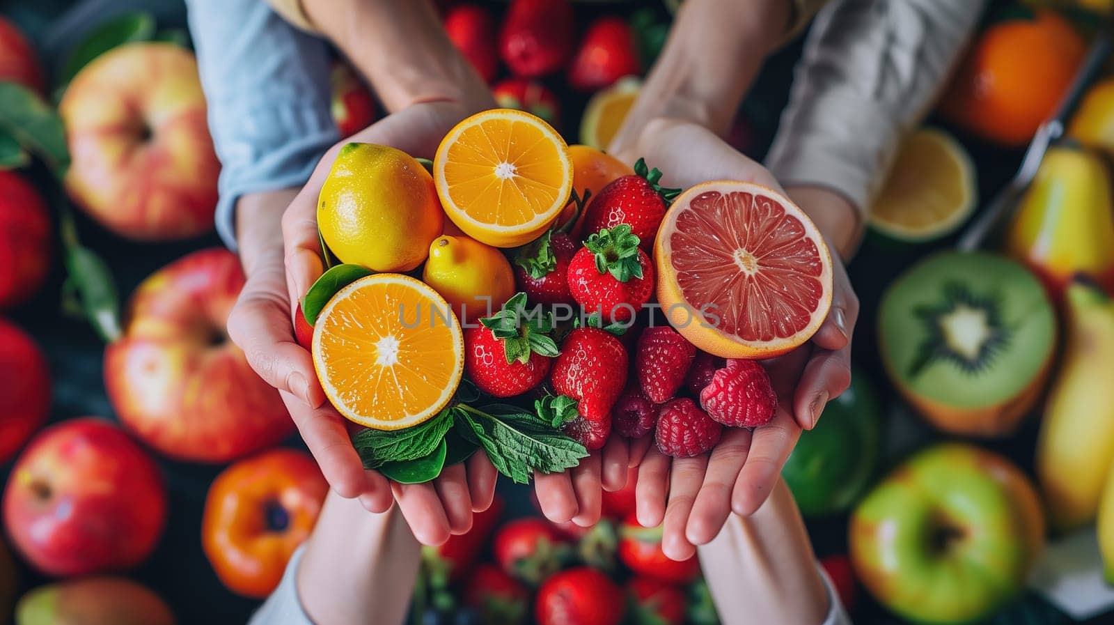 A diverse group of individuals holding various types of fruit in their hands. They are standing together, showcasing the colorful and healthy produce they are holding.