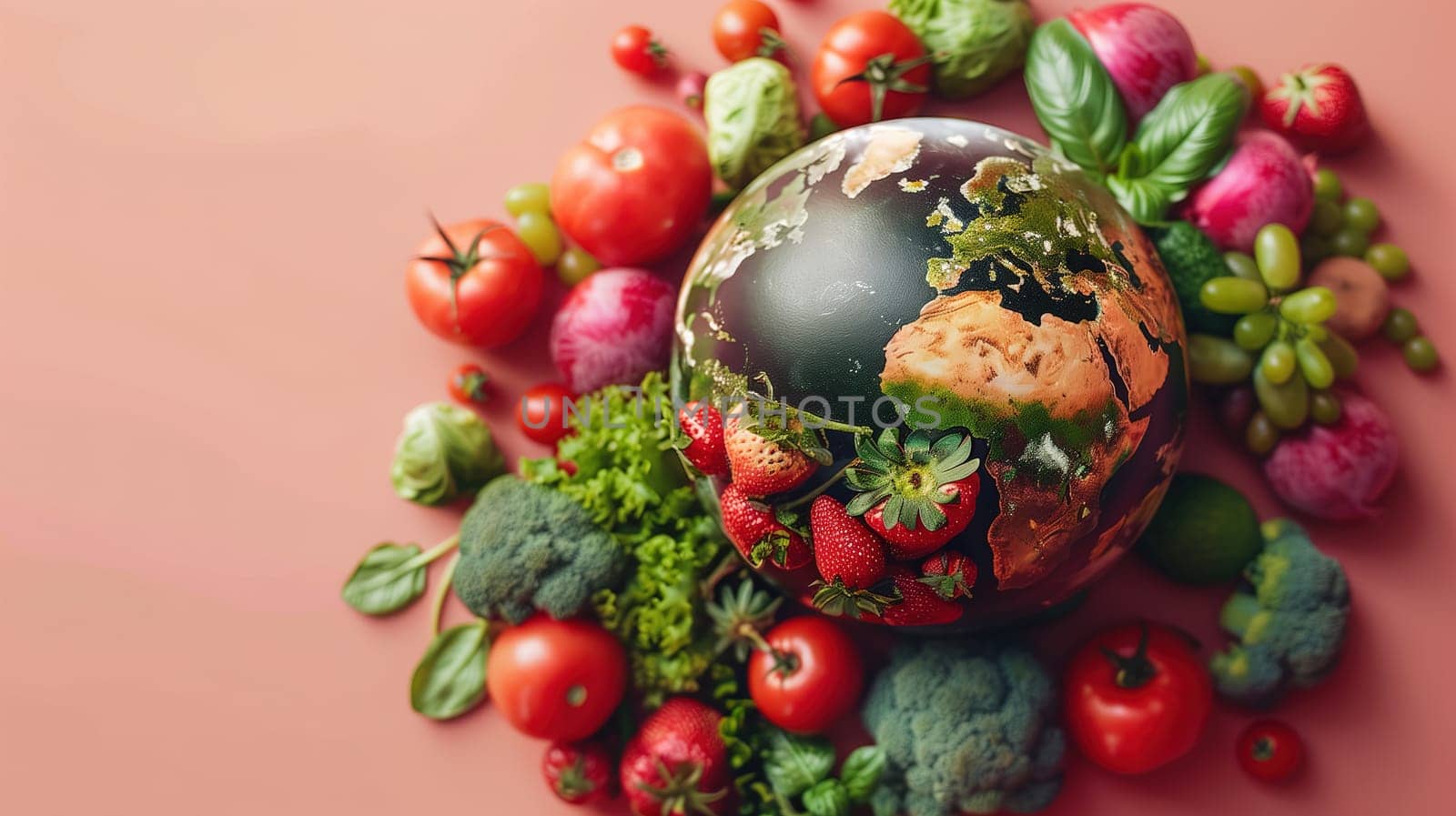 A globe is positioned in the center of the image, encircled by an assortment of fruits and vegetables. The pink background highlights the vibrant colors of the produce, creating a dynamic and lively composition.
