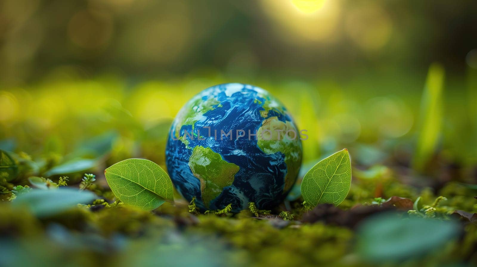 A blue earth model is placed on top of a vibrant, lush green field. The contrast between the deep blue color of the earth and the lively green of the field is striking.