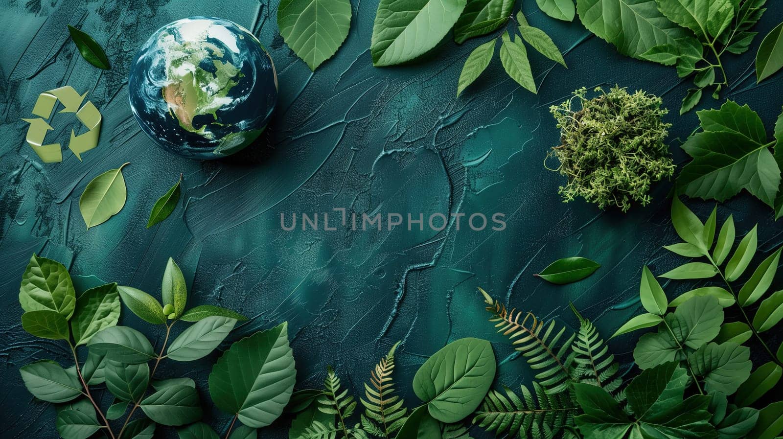 A vibrant green background filled with lush leaves, with a globe prominently placed in the center. This image symbolizes Earth Day and the importance of environmental awareness and conservation.