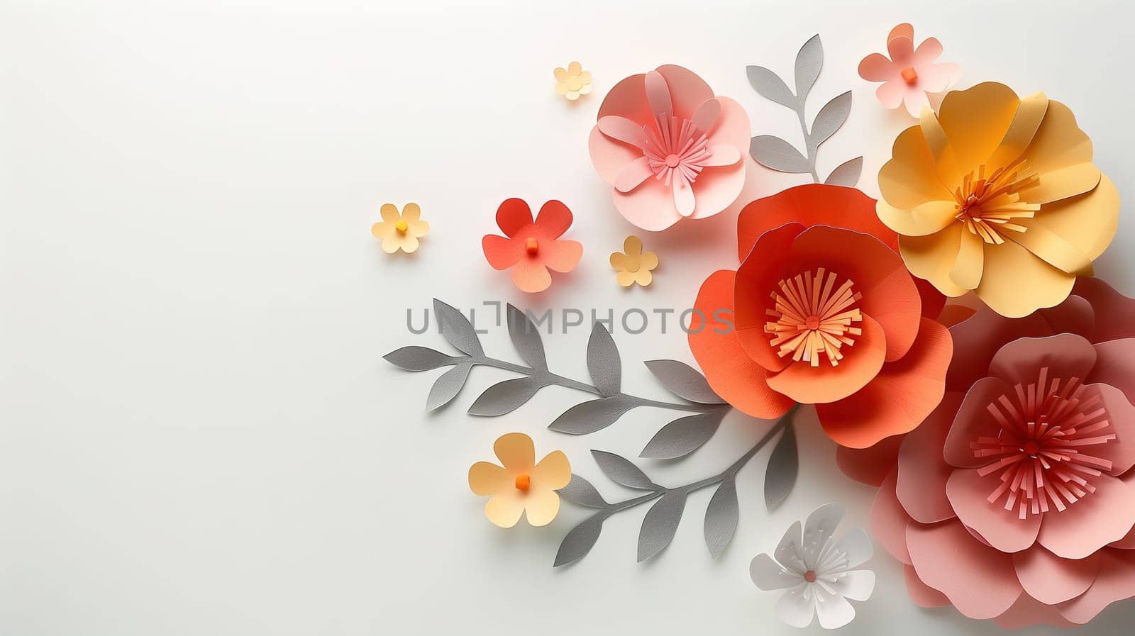 Arrangement of delicate paper flowers on a clean white surface, creating a simple yet elegant display for an International Mothers Day concert celebration.