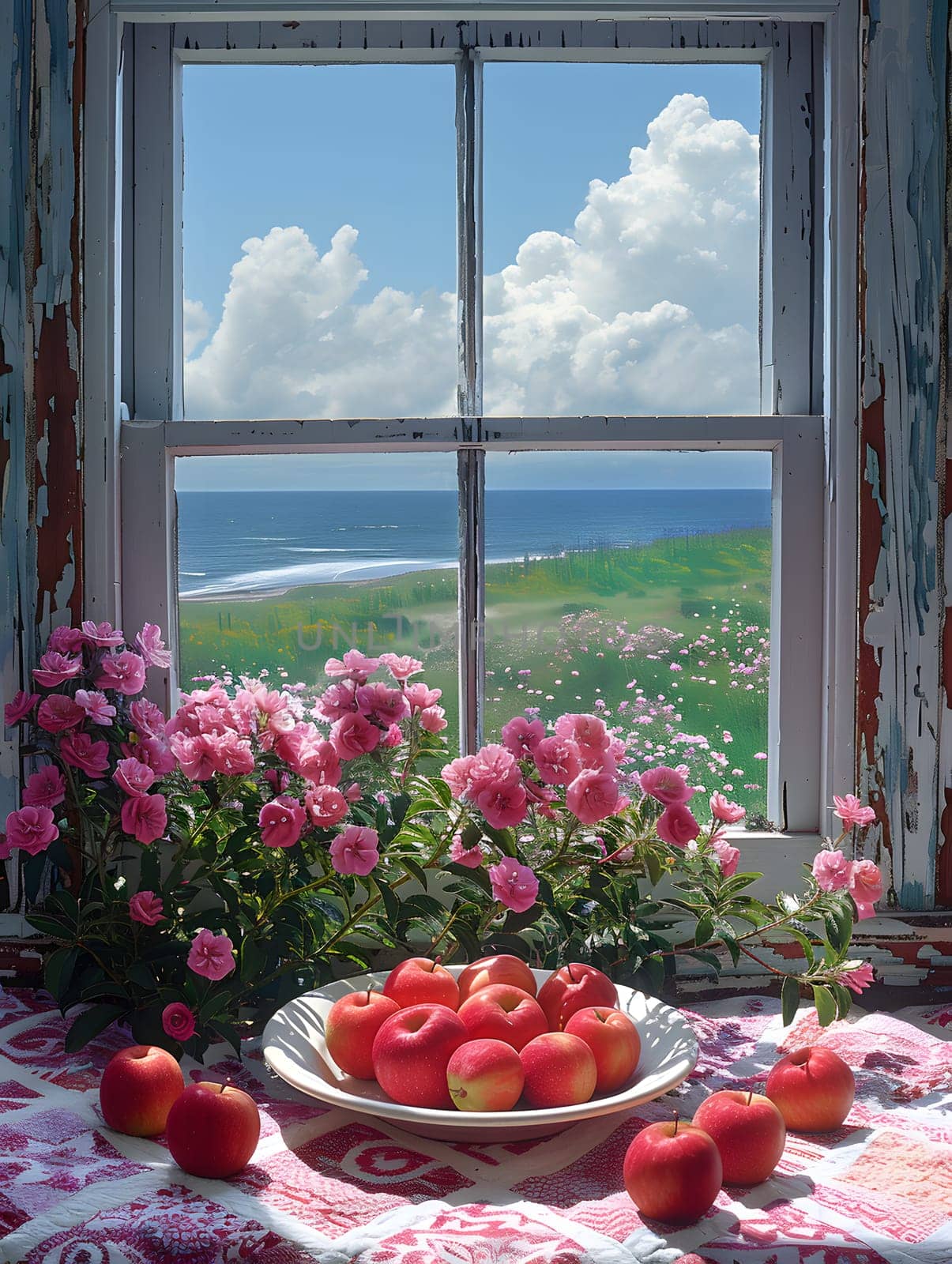 A arrangement of apples decorates a rectangle dishware on a table by a window with a view of the ocean, framed by flower petals and clouds in the sky