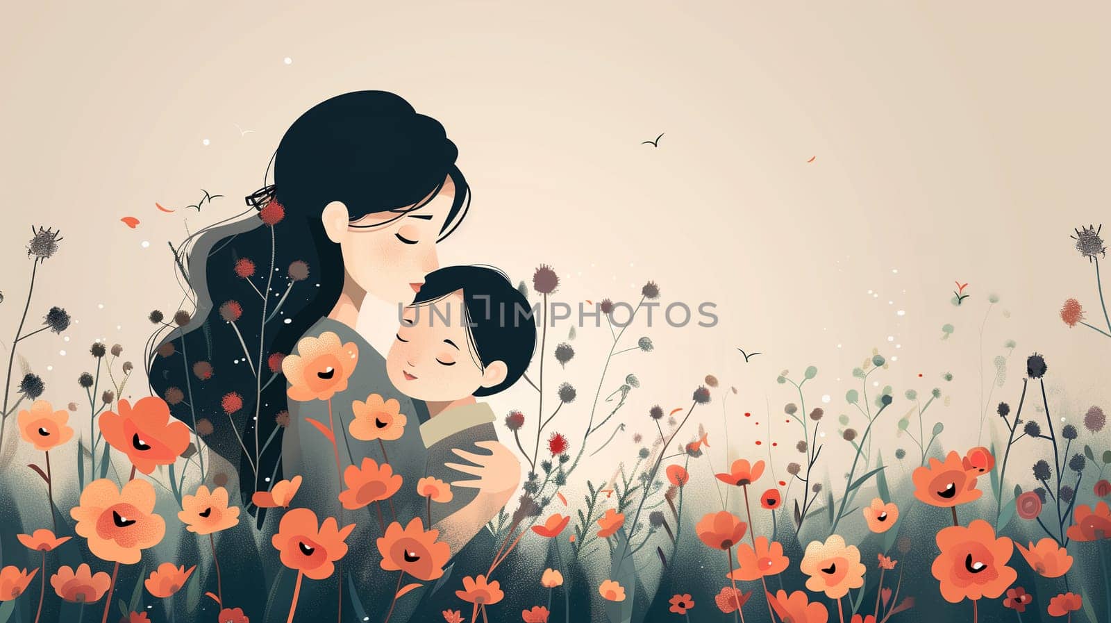 A woman stands in a field of colorful flowers, cradling a child in her arms. The duo is surrounded by nature, with wildflowers blooming all around them.