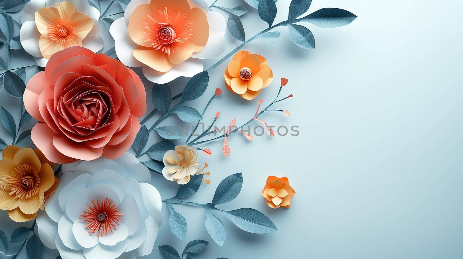 A collection of paper flowers of various colors and sizes arranged neatly on a vibrant blue background. The flowers are intricately crafted and create a visually appealing display.