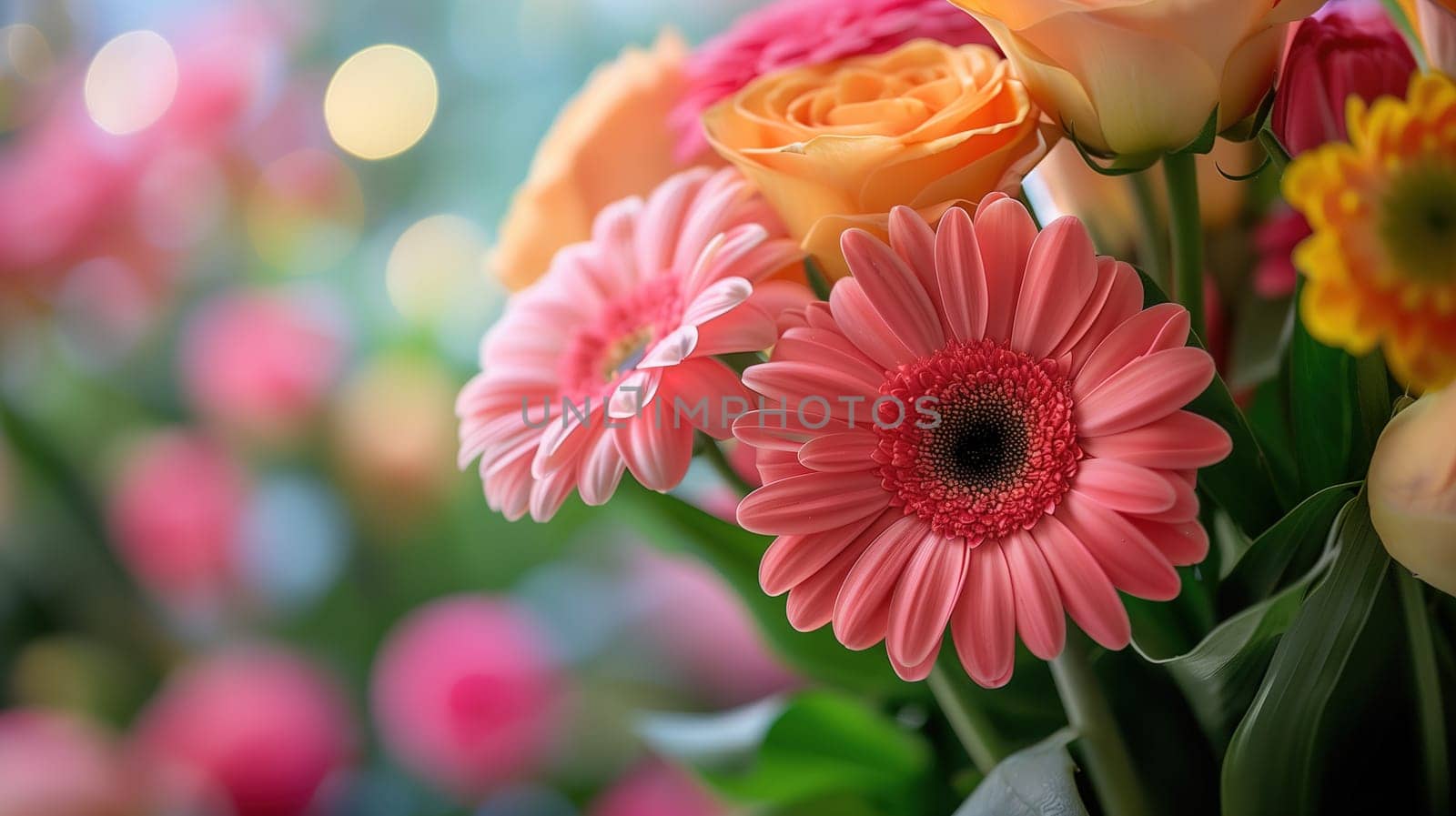 A collection of various flowers, such as roses, lilies, and daisies, arranged neatly in a glass vase on a table. The vibrant colors of the flowers add a pop of color to the room.