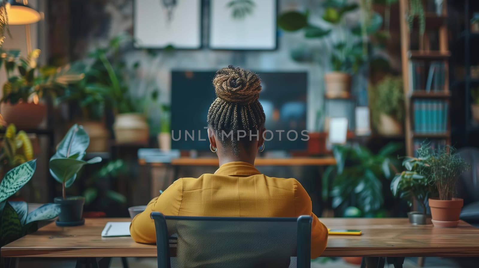 A business professional is seated at a wooden desk in a contemporary office setting, surrounded by lush indoor plants. She is focused on her computer screen, indicating a sense of concentration and productivity in her work environment. The warm light suggests it is either early morning or late afternoon, contributing to the serene atmosphere.