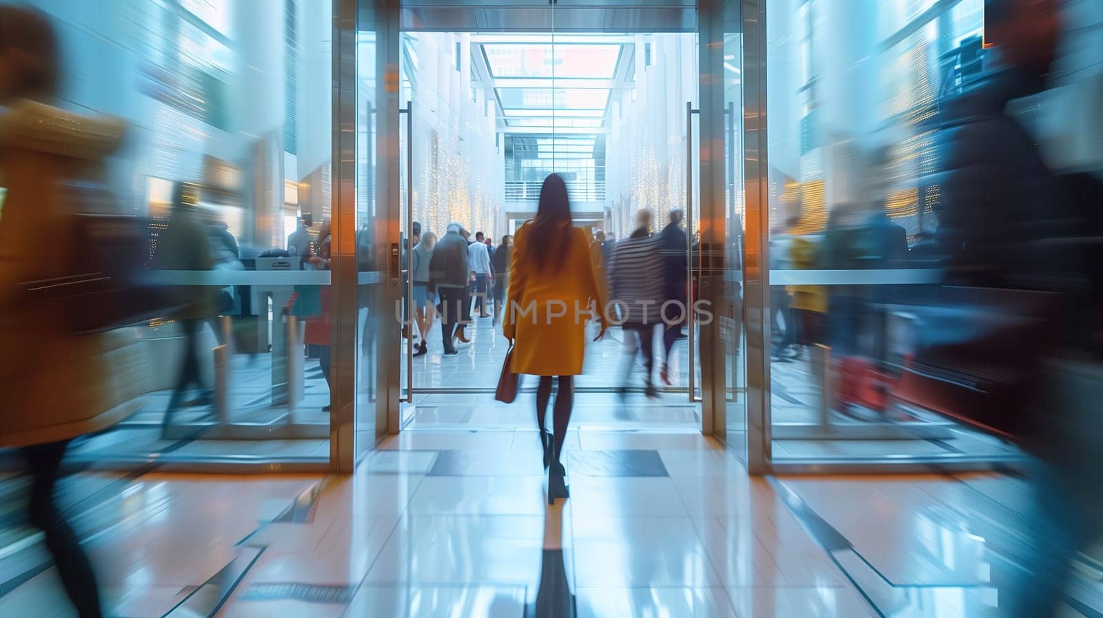 A woman, blurred in motion, walks down a hallway in a business setting. The surroundings are indistinct, emphasizing her movement through the space.