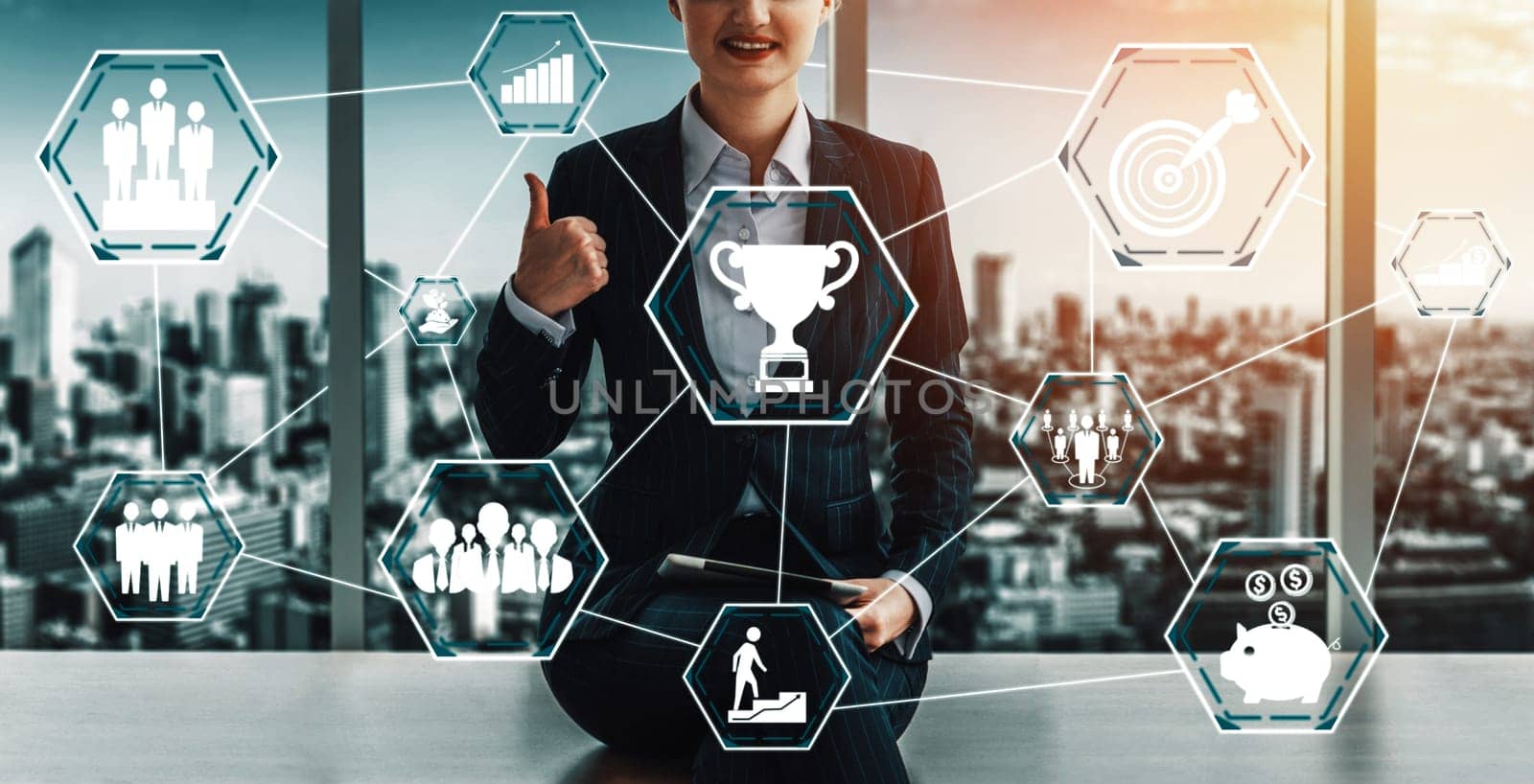 Achievement and Business Goal Success Concept - Creative business people with icon graphic interface showing employee reward giving for business success achievement. uds
