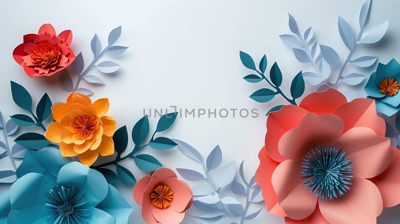 A collection of paper flowers in various colors, sizes, and shapes are arranged on a white background with interspersed green leaves. The delicate petals and intricate designs of the paper flowers contrast beautifully with the simplicity of the white backdrop.