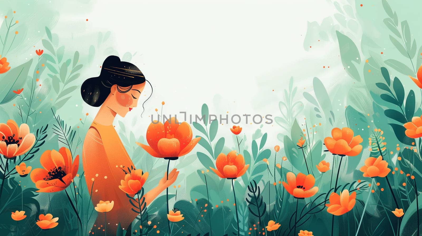 A painting depicting a woman standing gracefully in a lush field of vibrant flowers, with her gaze directed towards the sky. The colorful blooms surrounding her create a harmonious and tranquil setting.