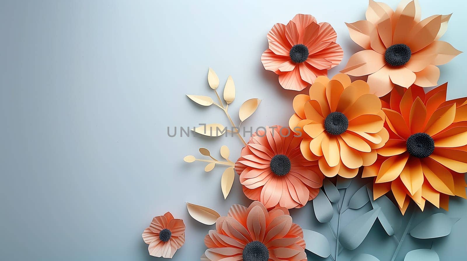A collection of paper flowers in various colors and sizes is arranged neatly on a vibrant blue background. The flowers create a cheerful and colorful display, adding a touch of decoration to the space.
