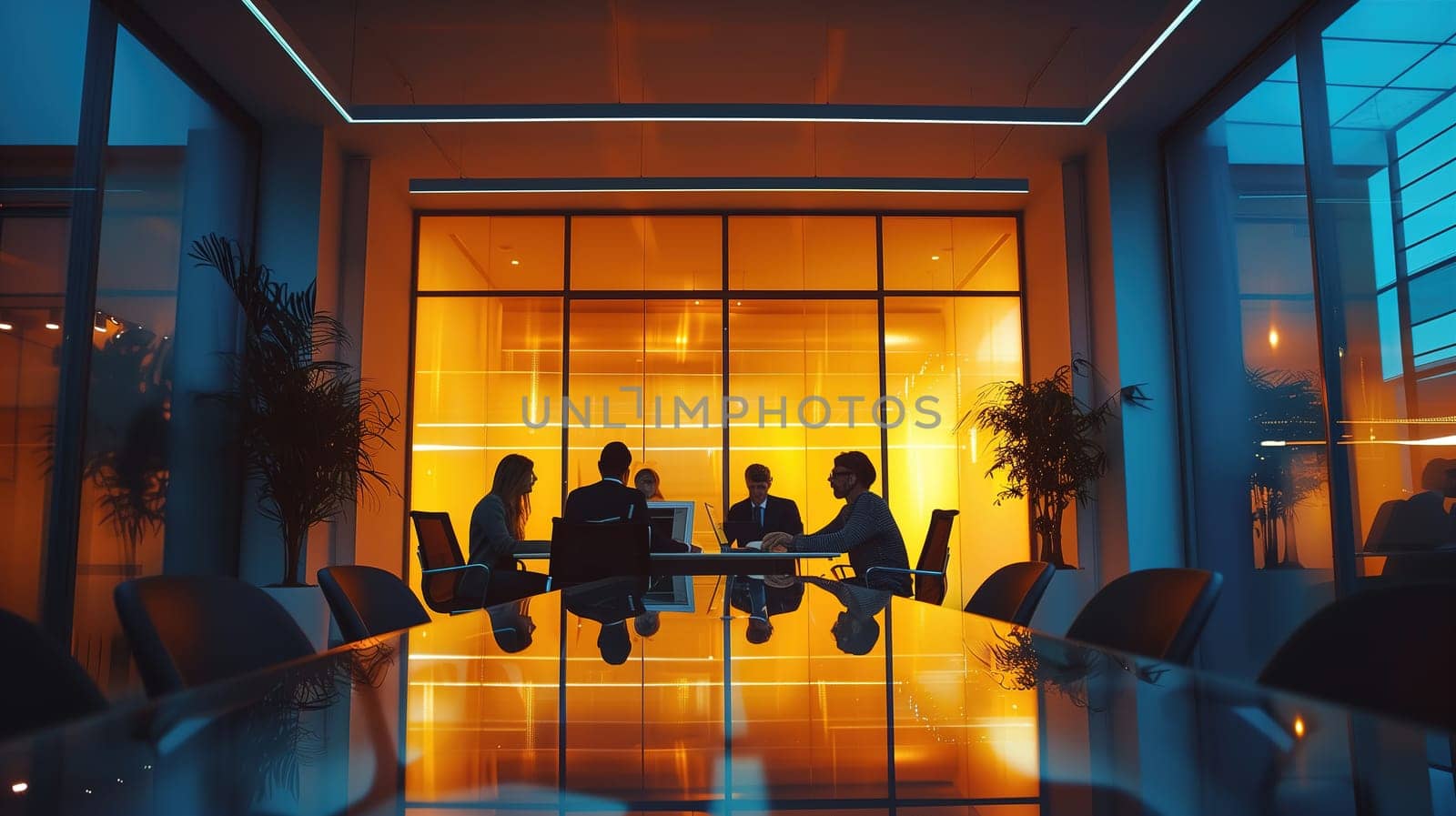The setting sun casts a warm glow on a team of professionals engaged in a business meeting inside a contemporary office boardroom. The silhouette of the city skyline is visible through the large windows, adding a dynamic backdrop to the collaborative discussion taking place at the end of the workday.
