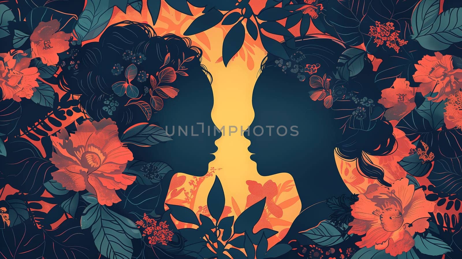 Womans Face Surrounded by Flowers and Leaves by TRMK
